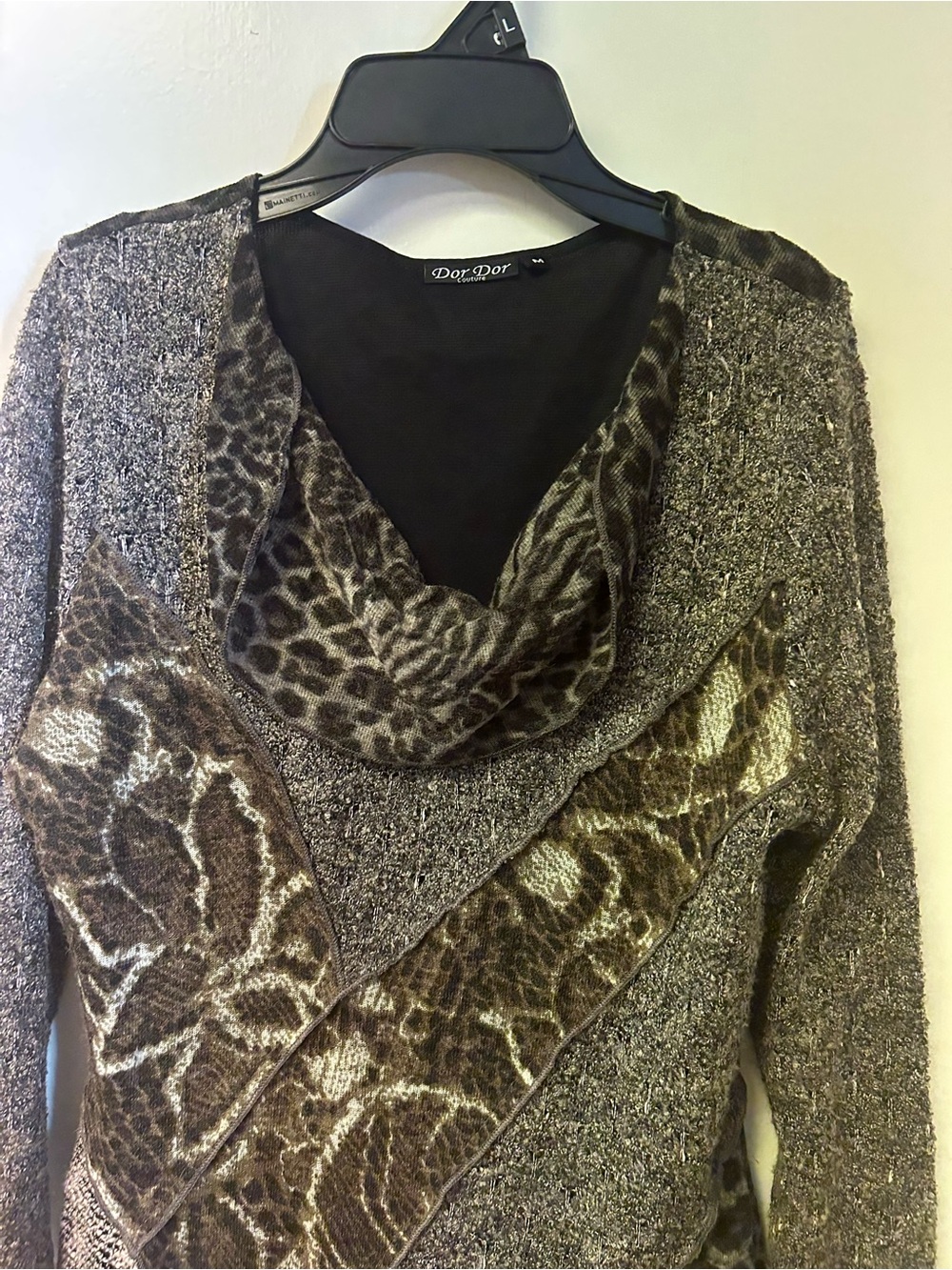 DorDor Women’s Brown Leopard-Accent Cowl Neck Light Sweater